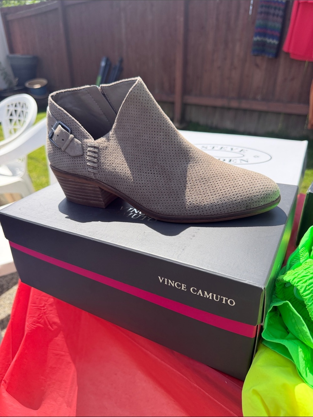 Vince Camuto Taupe Perforated Suede Ankle Bootie with Buckle